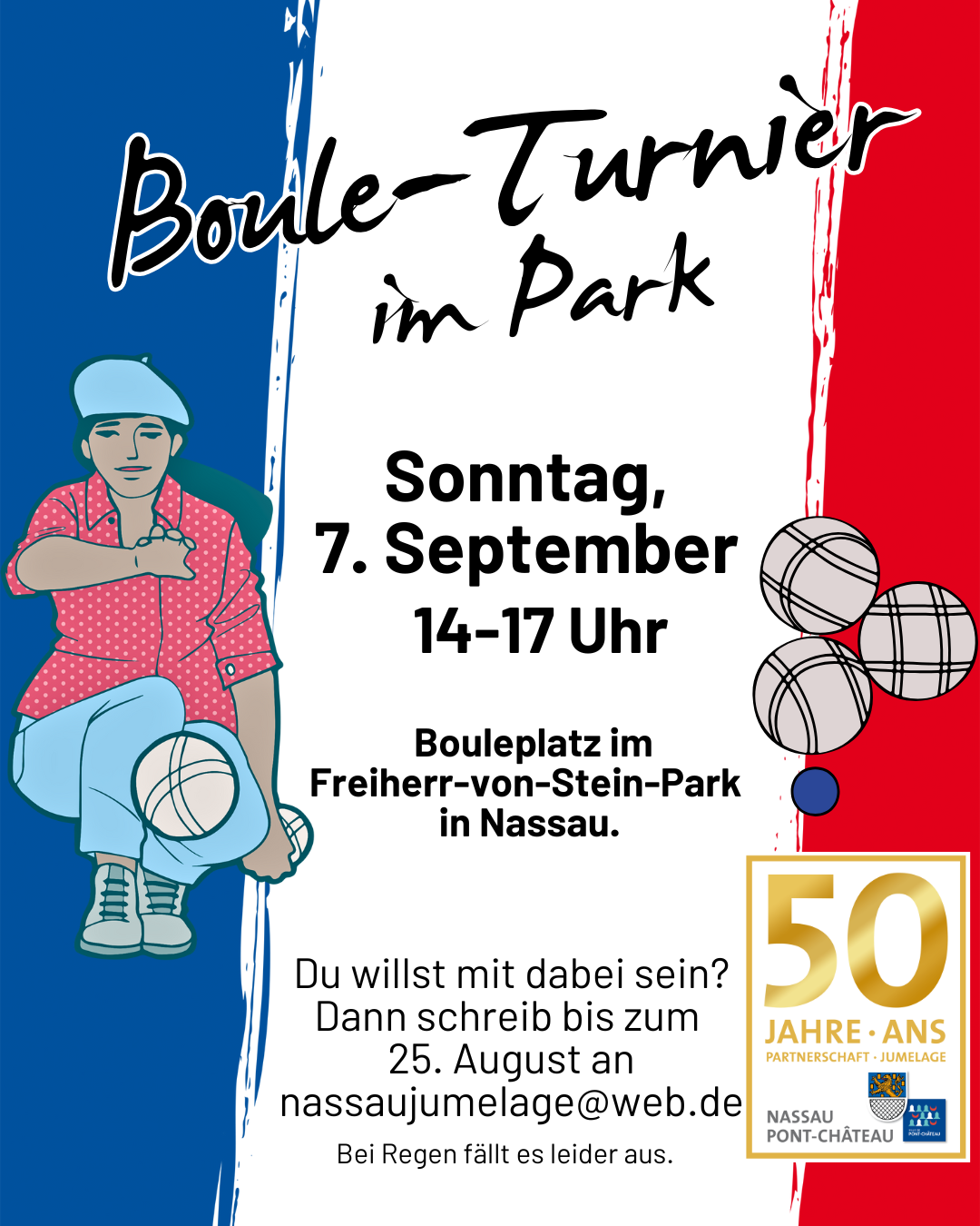 Boule-Turnier im Park am 7. September von 14-17 Uhr. Anmeldung bis 25. August an nassaujumelage@web.de